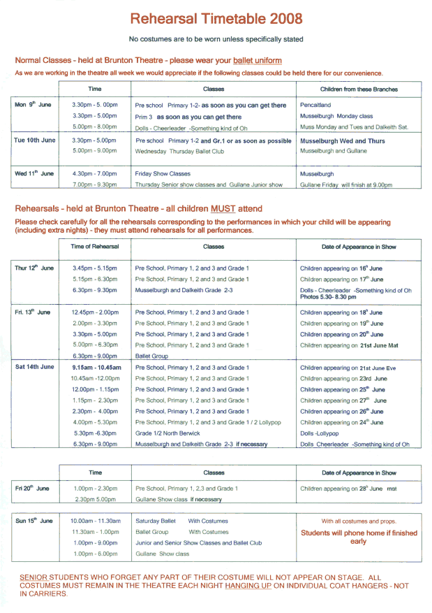 Annual Show Rehearsal Schedule